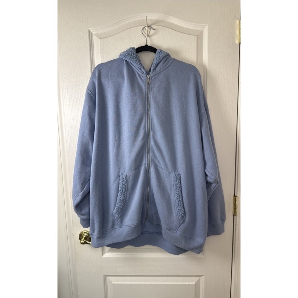 Aerie Sherpa Pocket Full Zip Hoodie Size XXL Light Blue Cozy Oversized